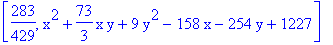 [283/429, x^2+73/3*x*y+9*y^2-158*x-254*y+1227]